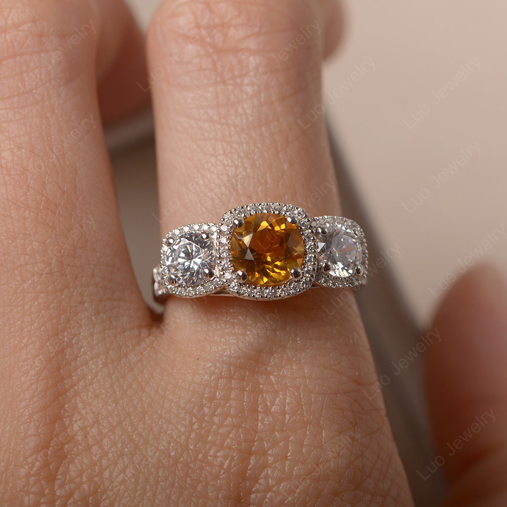 Citrine Ring 3 Stone Halo Engagement Ring - LUO Jewelry