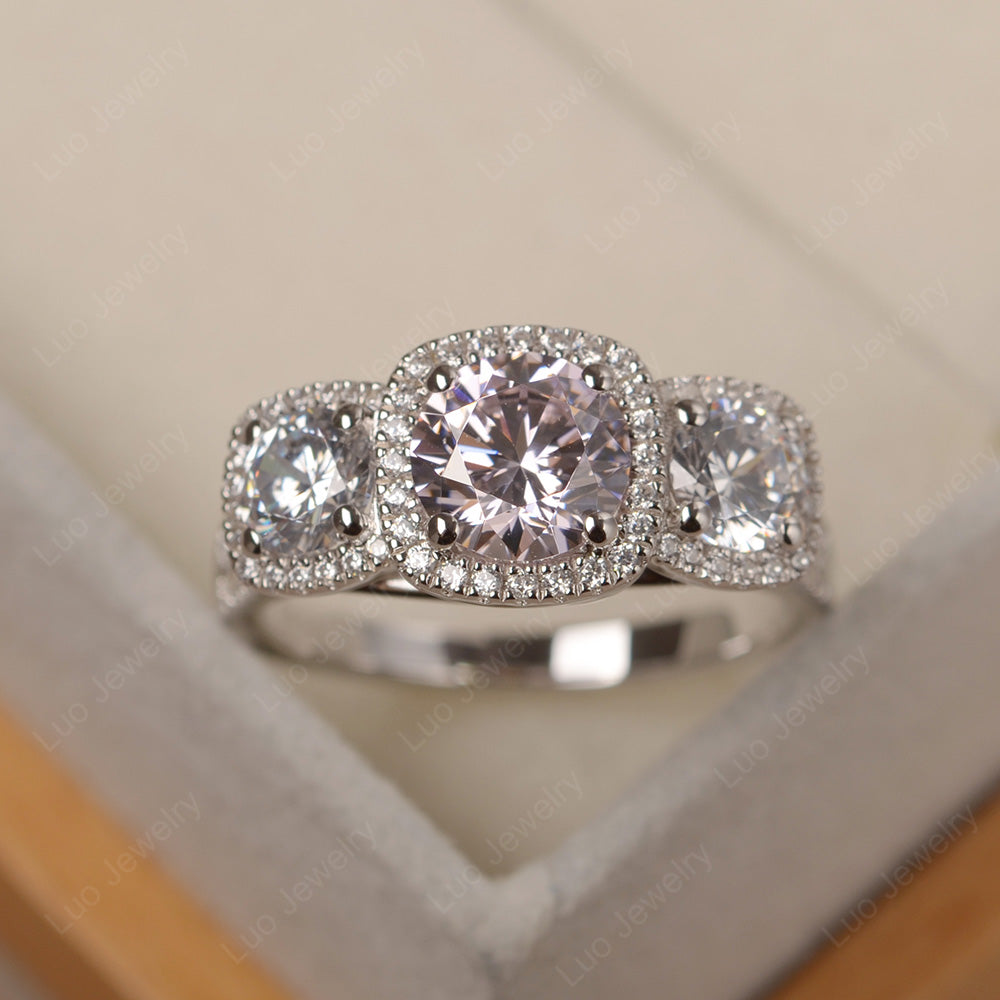 Pink CZ Ring 3 Stone Halo Engagement Ring - LUO Jewelry