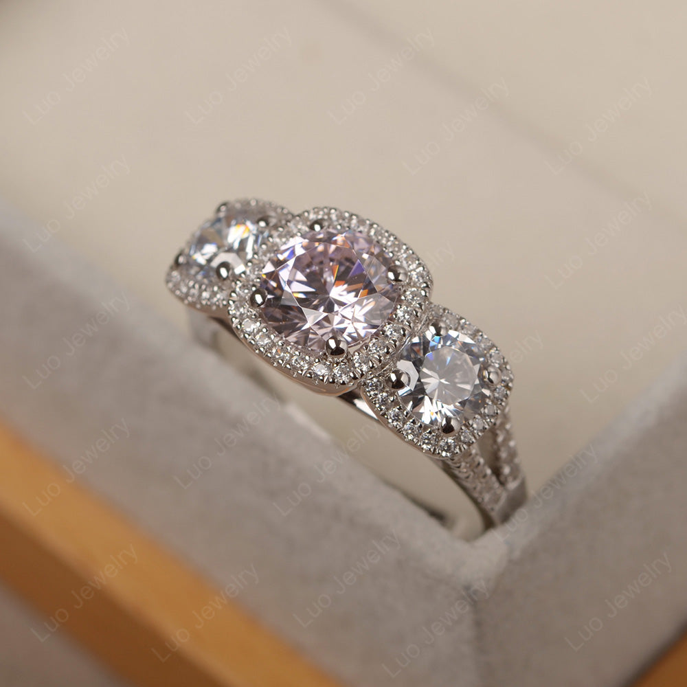 Pink CZ Ring 3 Stone Halo Engagement Ring - LUO Jewelry