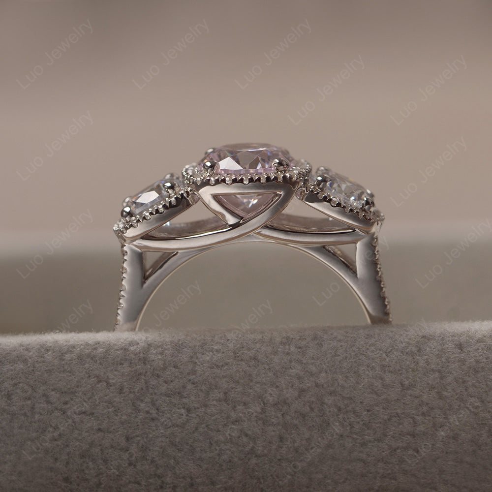 Pink CZ Ring 3 Stone Halo Engagement Ring - LUO Jewelry