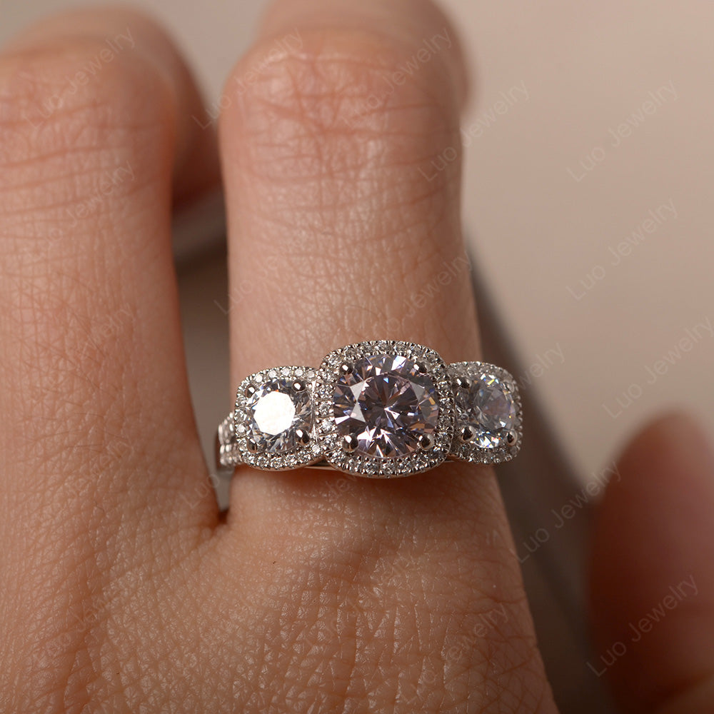 Pink CZ Ring 3 Stone Halo Engagement Ring - LUO Jewelry