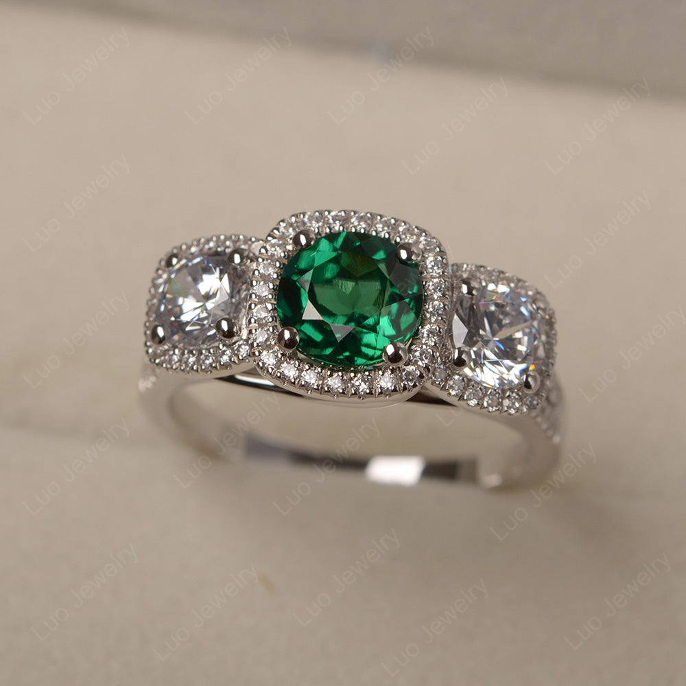 Lab Emerald Ring 3 Stone Halo Engagement Ring - LUO Jewelry