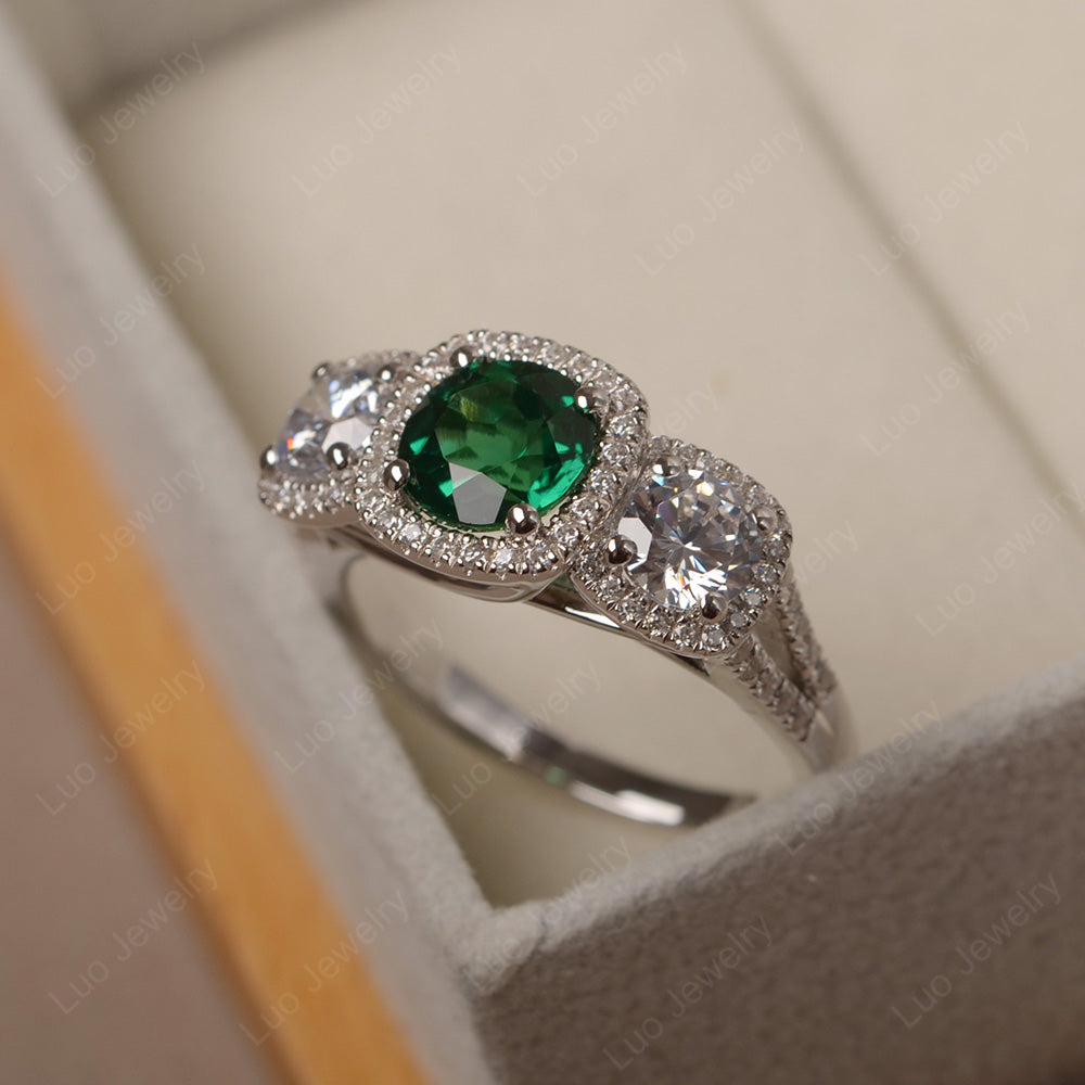 Lab Emerald Ring 3 Stone Halo Engagement Ring - LUO Jewelry