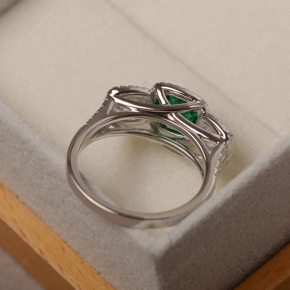 Lab Emerald Ring 3 Stone Halo Engagement Ring - LUO Jewelry