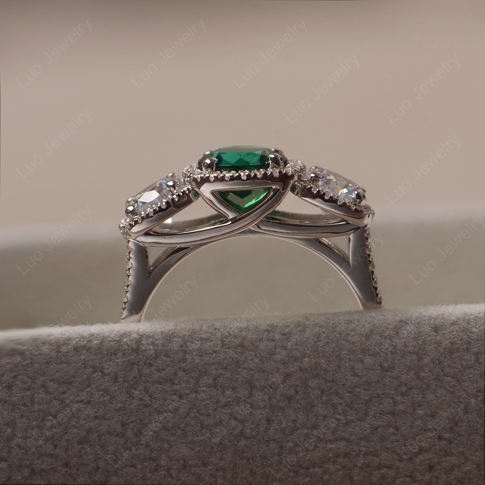 Lab Emerald Ring 3 Stone Halo Engagement Ring - LUO Jewelry