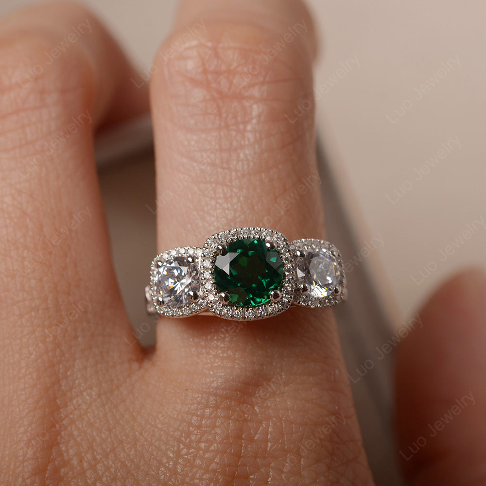 Lab Emerald Ring 3 Stone Halo Engagement Ring - LUO Jewelry