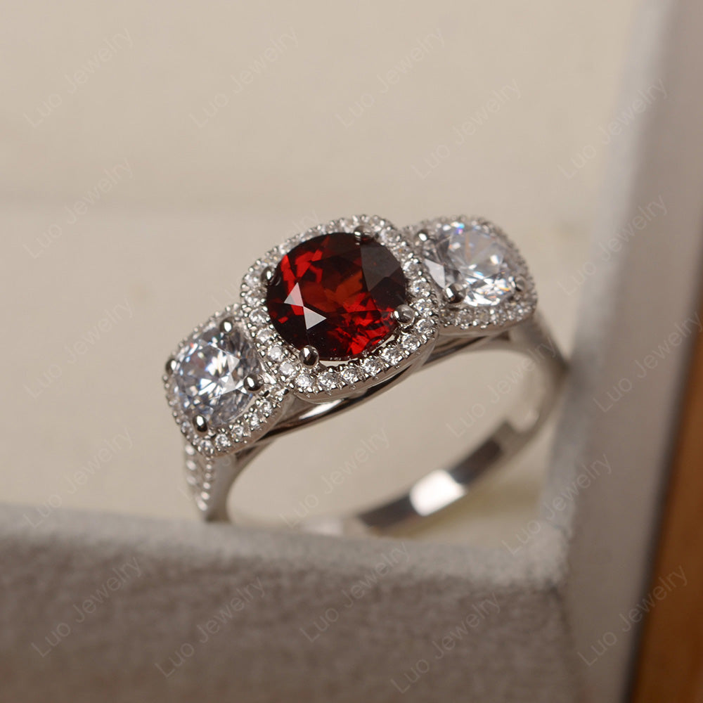 Garnet Ring 3 Stone Halo Engagement Ring - LUO Jewelry