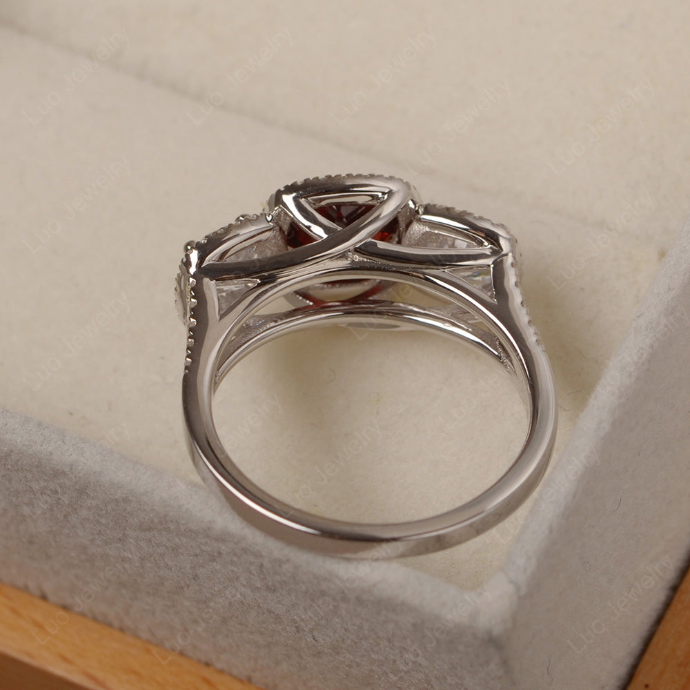 Garnet Ring 3 Stone Halo Engagement Ring - LUO Jewelry
