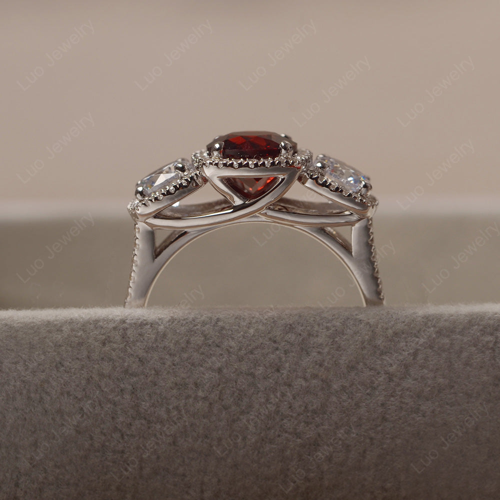 Garnet Ring 3 Stone Halo Engagement Ring - LUO Jewelry