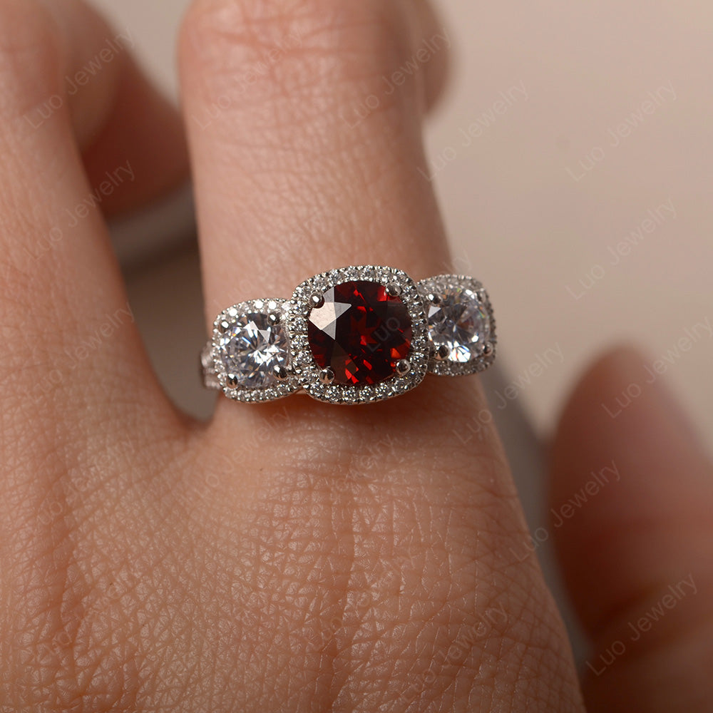 Garnet Ring 3 Stone Halo Engagement Ring - LUO Jewelry