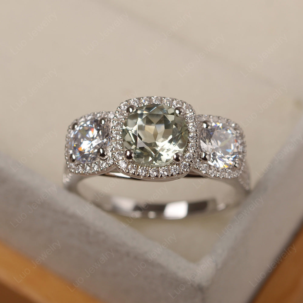 Green Amethyst Ring 3 Stone Halo Engagement Ring - LUO Jewelry