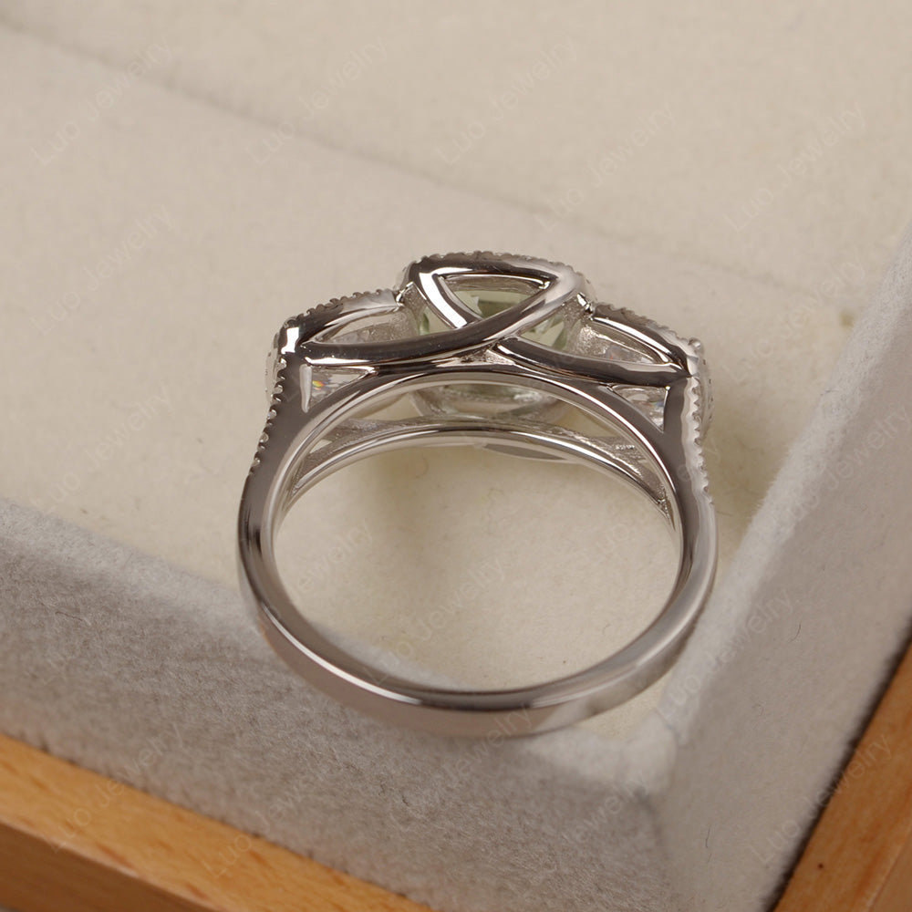 Green Amethyst Ring 3 Stone Halo Engagement Ring - LUO Jewelry