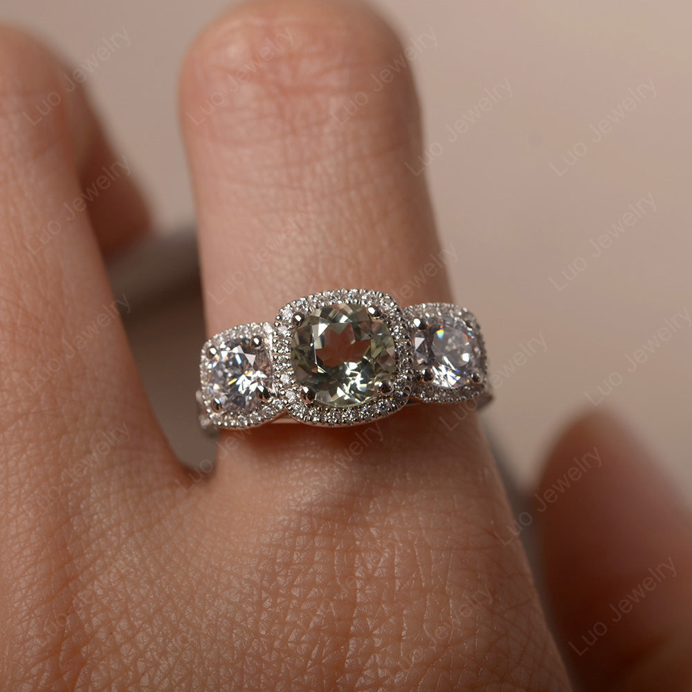 Green Amethyst Ring 3 Stone Halo Engagement Ring - LUO Jewelry
