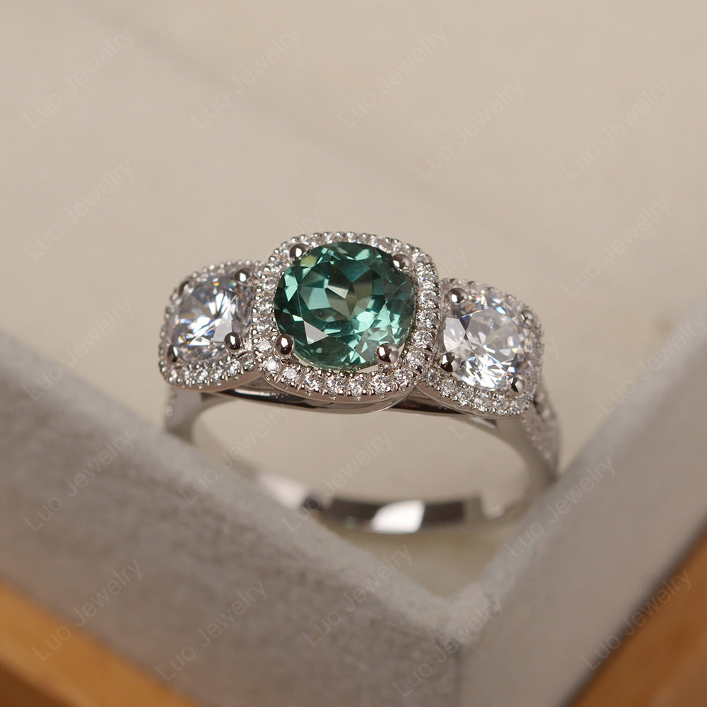 Green Sapphire Ring 3 Stone Halo Engagement Ring - LUO Jewelry
