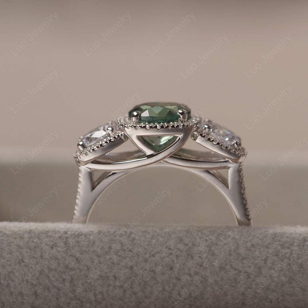 Green Sapphire Ring 3 Stone Halo Engagement Ring - LUO Jewelry