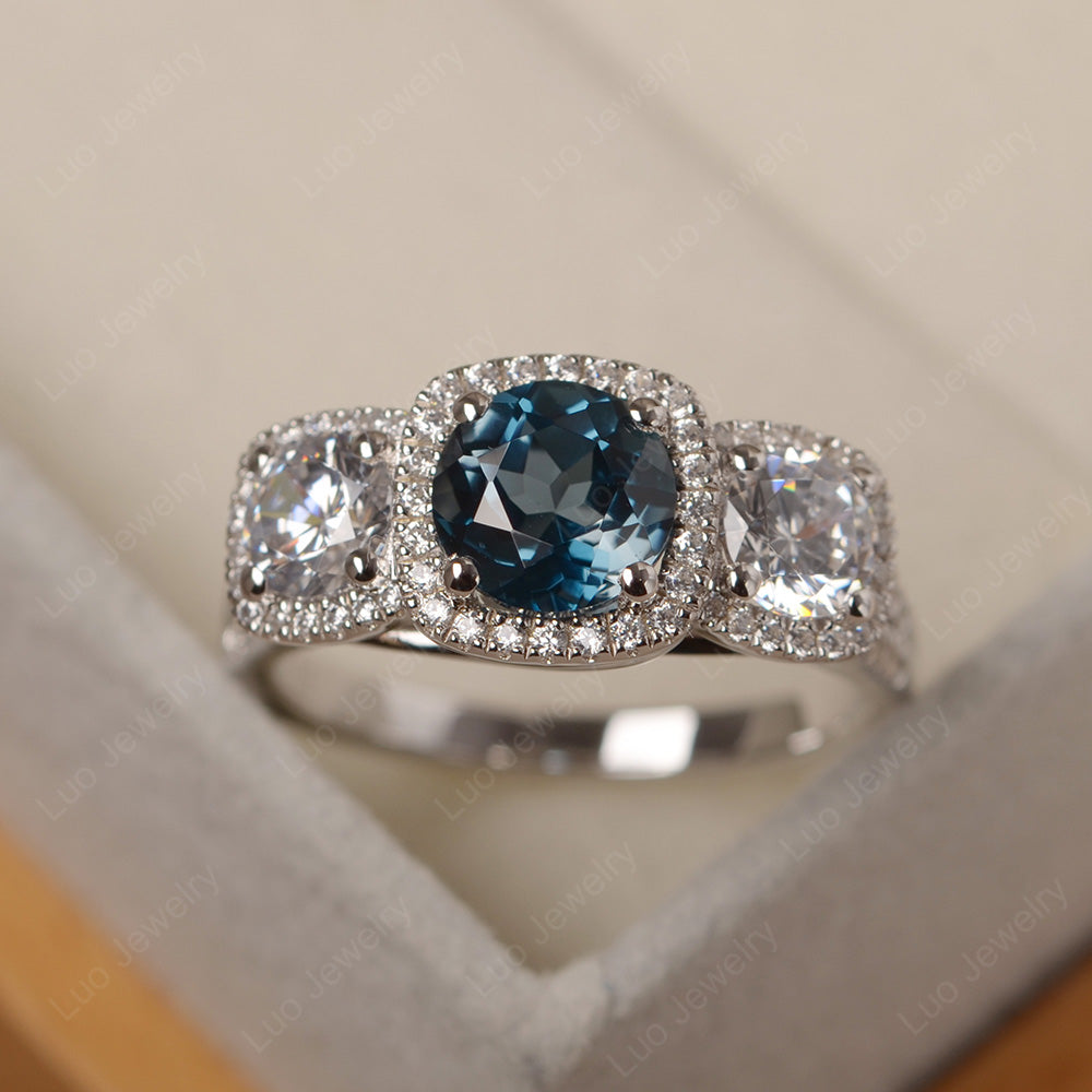 London Blue Topaz Ring 3 Stone Halo Engagement Ring - LUO Jewelry