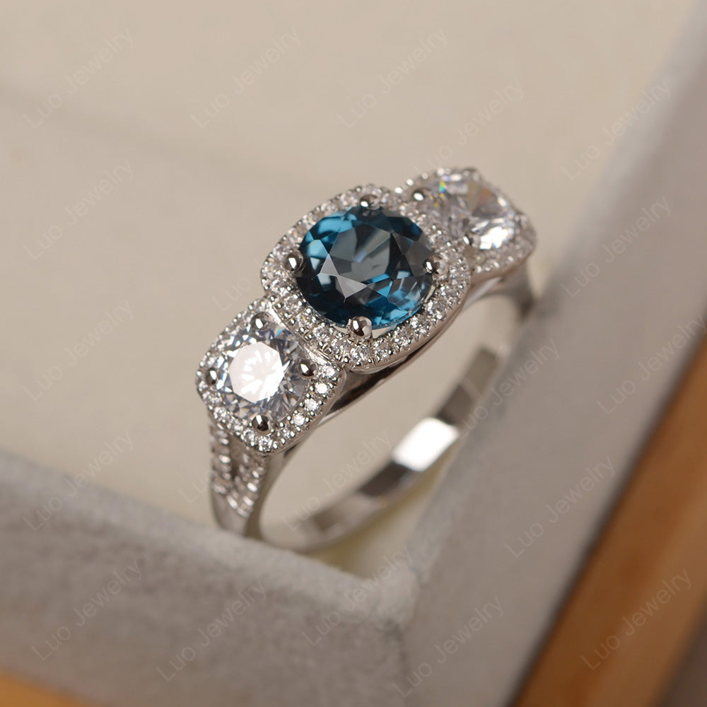London Blue Topaz Ring 3 Stone Halo Engagement Ring - LUO Jewelry