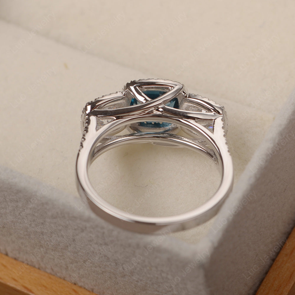 London Blue Topaz Ring 3 Stone Halo Engagement Ring - LUO Jewelry
