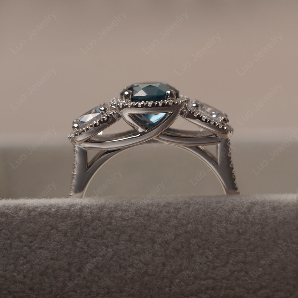 London Blue Topaz Ring 3 Stone Halo Engagement Ring - LUO Jewelry
