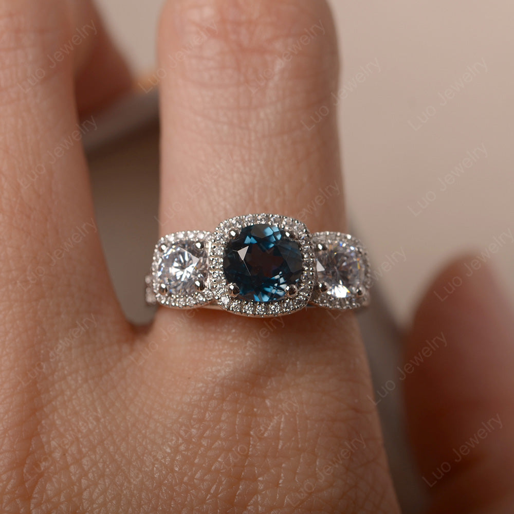 London Blue Topaz Ring 3 Stone Halo Engagement Ring - LUO Jewelry