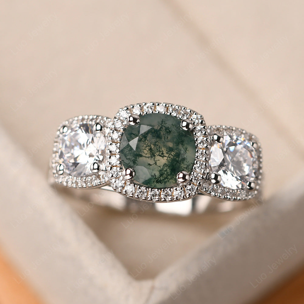 Moss Agate Ring 3 Stone Halo Engagement Ring - LUO Jewelry