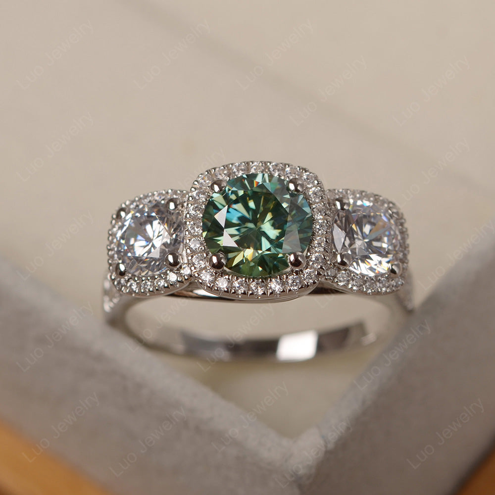 Green Moissanite Ring 3 Stone Halo Engagement Ring - LUO Jewelry