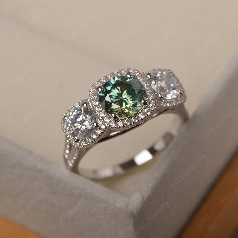 Green Moissanite Ring 3 Stone Halo Engagement Ring - LUO Jewelry