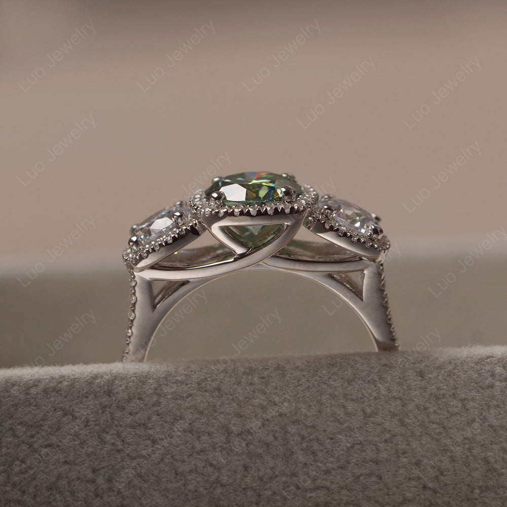 Green Moissanite Ring 3 Stone Halo Engagement Ring - LUO Jewelry
