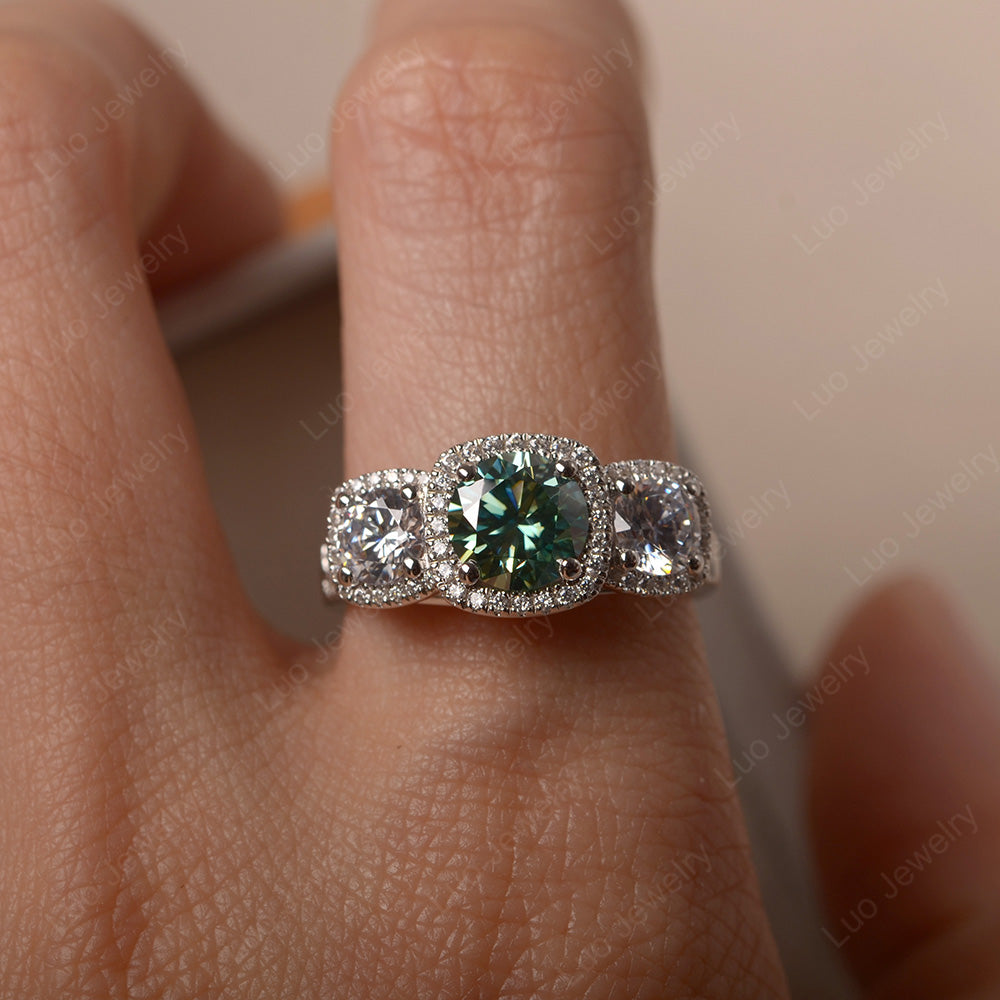 Green Moissanite Ring 3 Stone Halo Engagement Ring - LUO Jewelry