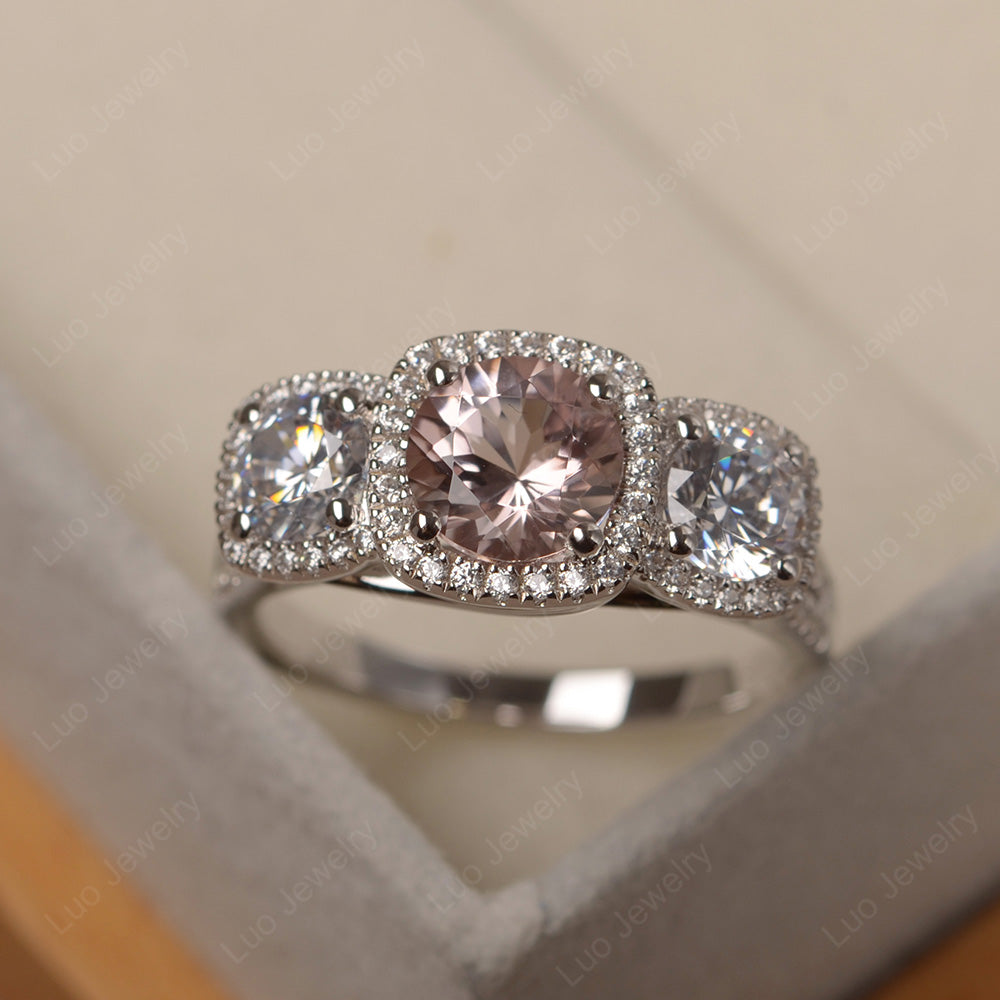 Morganite Ring 3 Stone Halo Engagement Ring - LUO Jewelry