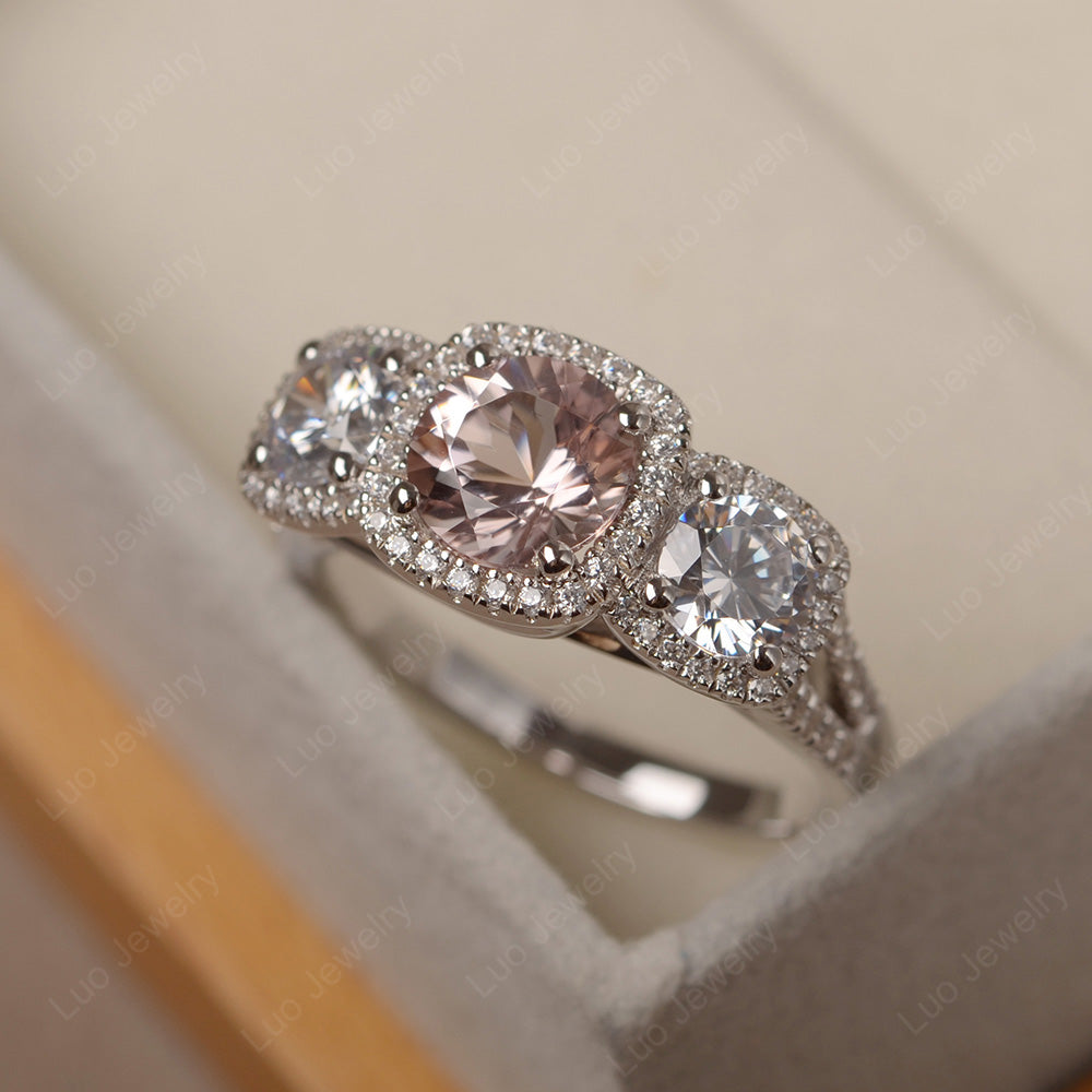 Morganite Ring 3 Stone Halo Engagement Ring - LUO Jewelry