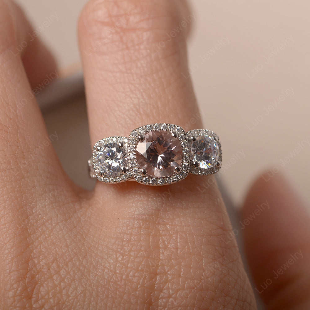 Morganite Ring 3 Stone Halo Engagement Ring - LUO Jewelry