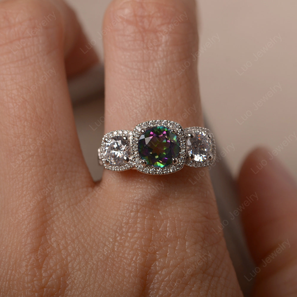 Mystic Topaz Ring 3 Stone Halo Engagement Ring - LUO Jewelry