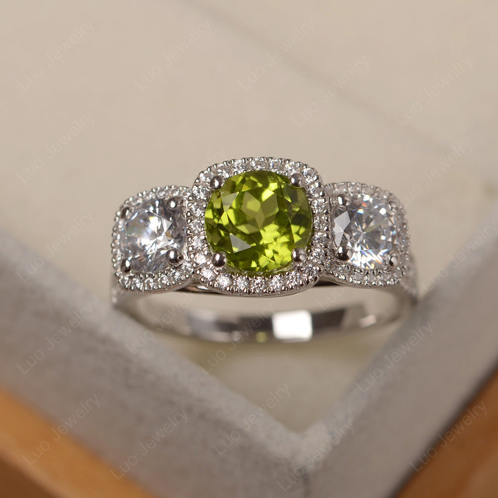 Peridot Ring 3 Stone Halo Engagement Ring - LUO Jewelry