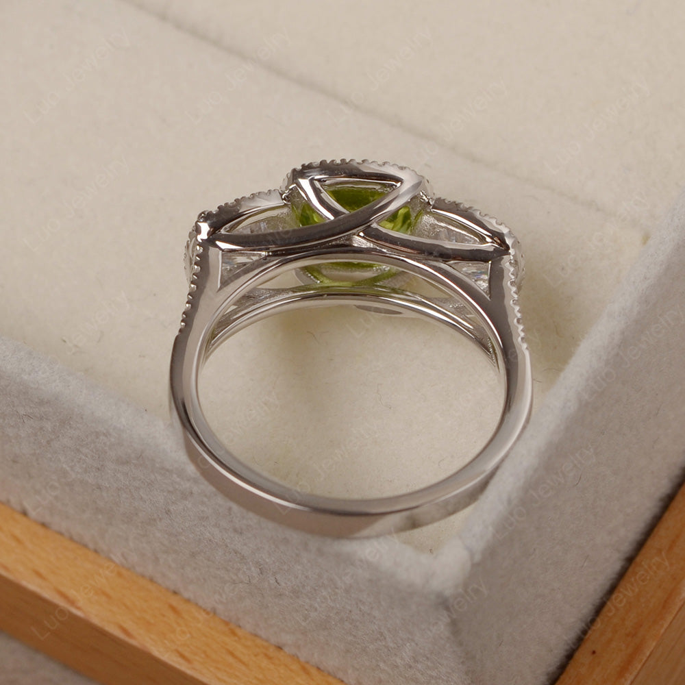 Peridot Ring 3 Stone Halo Engagement Ring - LUO Jewelry