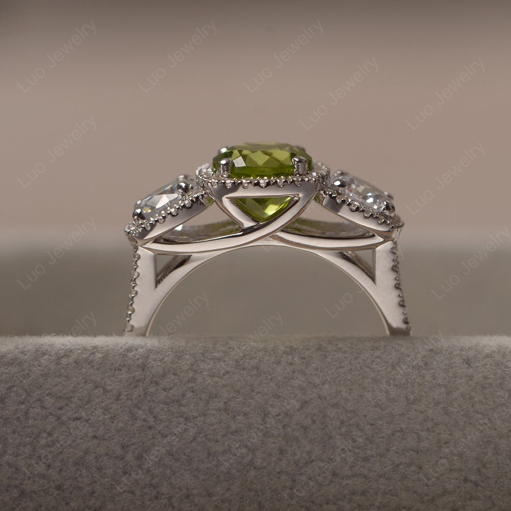Peridot Ring 3 Stone Halo Engagement Ring - LUO Jewelry