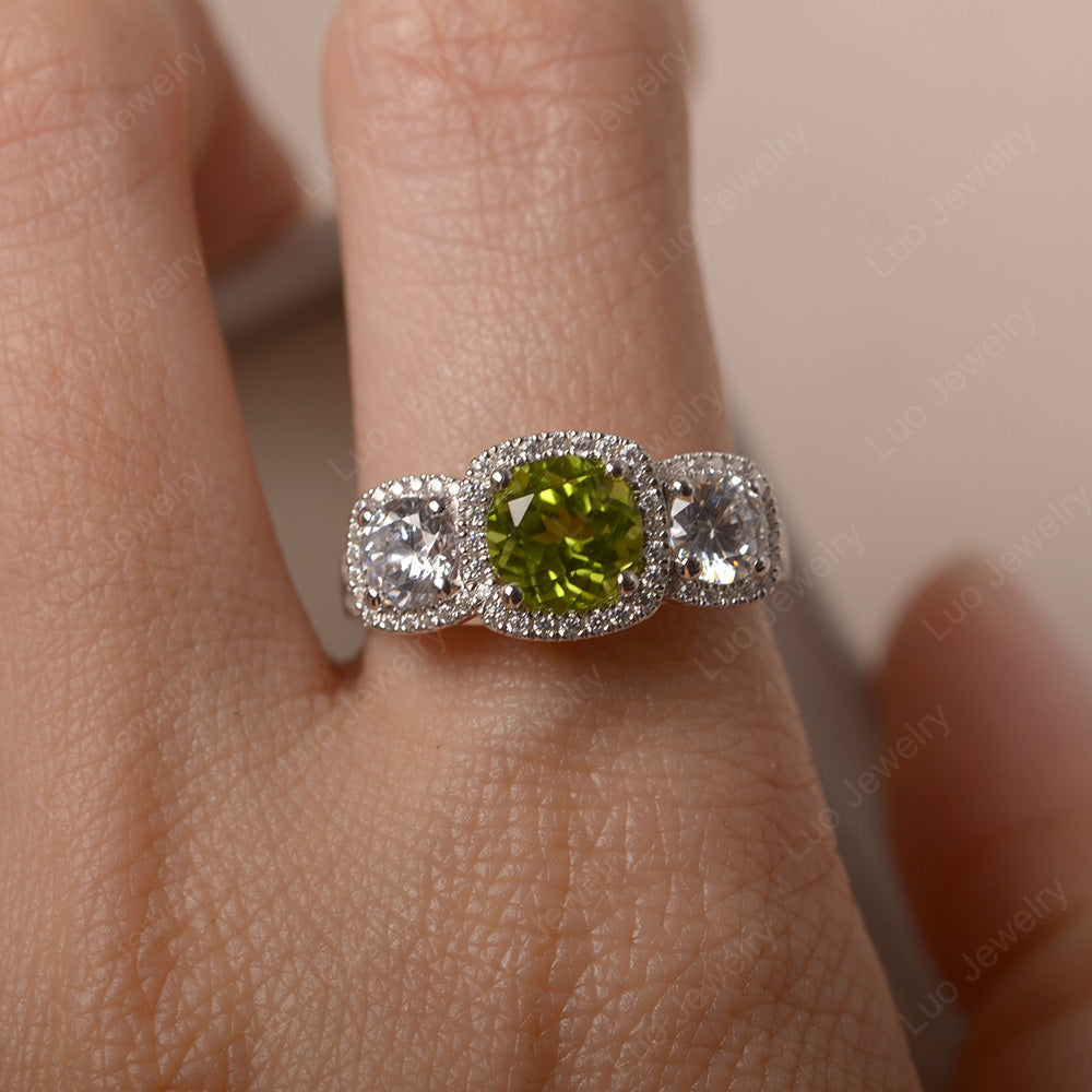 Peridot Ring 3 Stone Halo Engagement Ring - LUO Jewelry