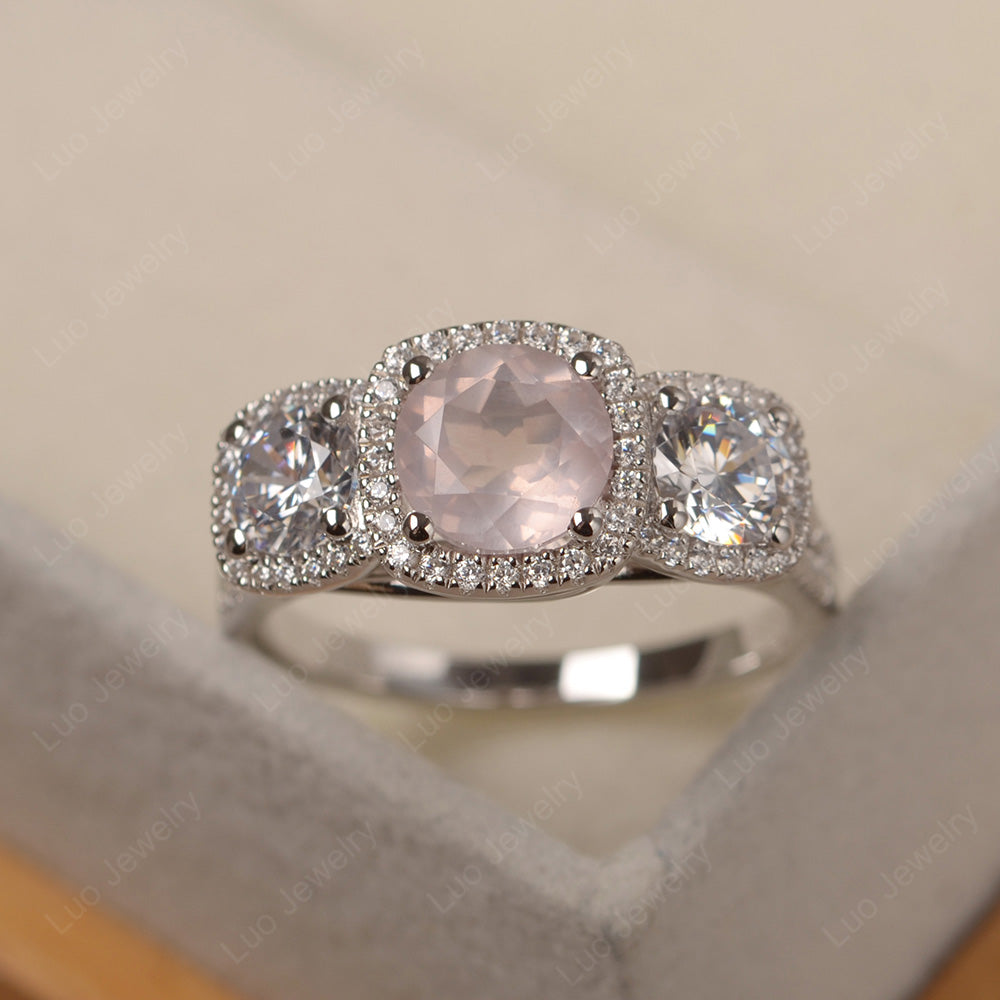 Rose Quartz Ring 3 Stone Halo Engagement Ring - LUO Jewelry