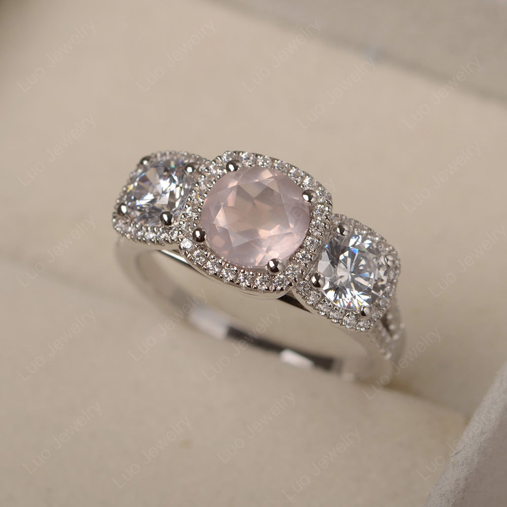 Rose Quartz Ring 3 Stone Halo Engagement Ring - LUO Jewelry