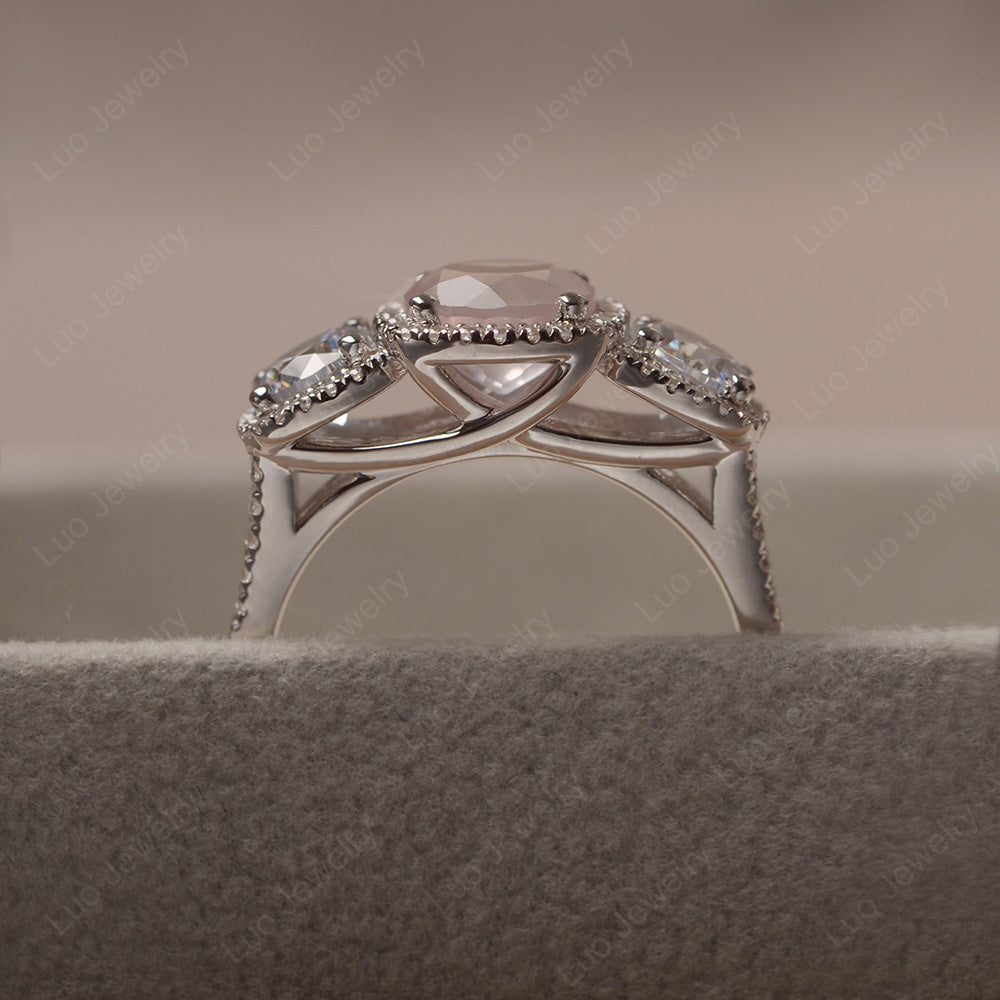 Rose Quartz Ring 3 Stone Halo Engagement Ring - LUO Jewelry