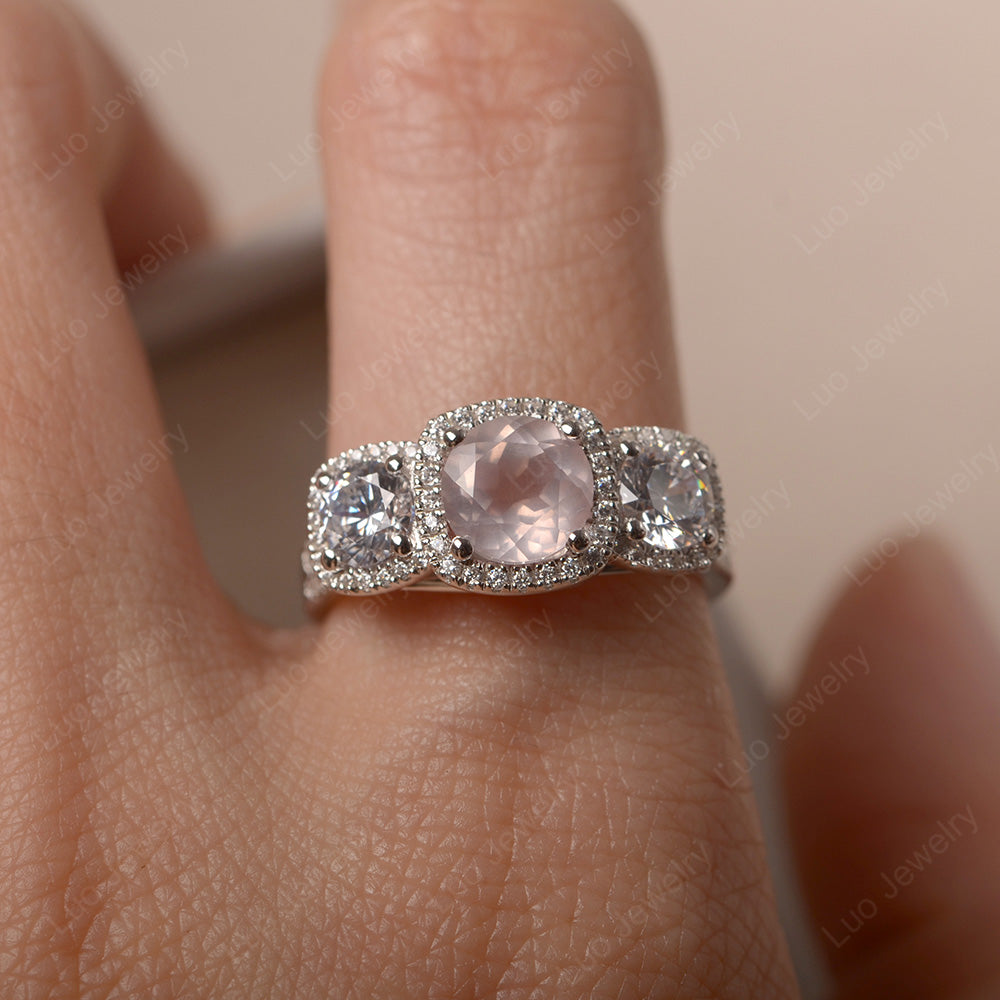 Rose Quartz Ring 3 Stone Halo Engagement Ring - LUO Jewelry