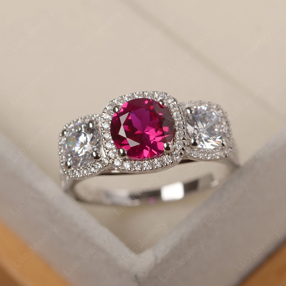 Ruby Ring 3 Stone Halo Engagement Ring - LUO Jewelry