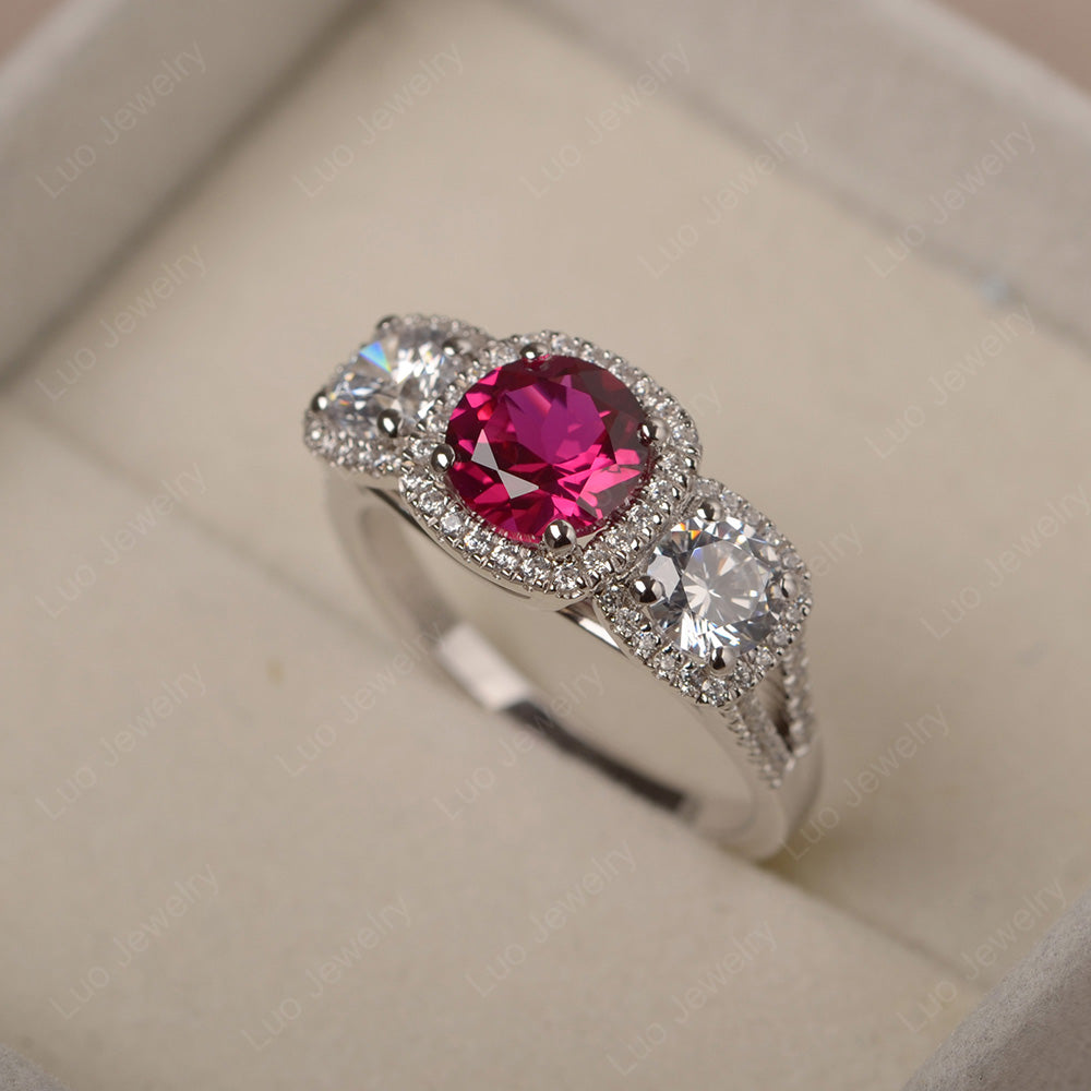 Ruby Ring 3 Stone Halo Engagement Ring - LUO Jewelry