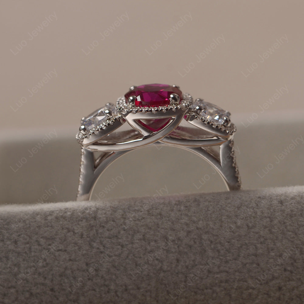 Ruby Ring 3 Stone Halo Engagement Ring - LUO Jewelry