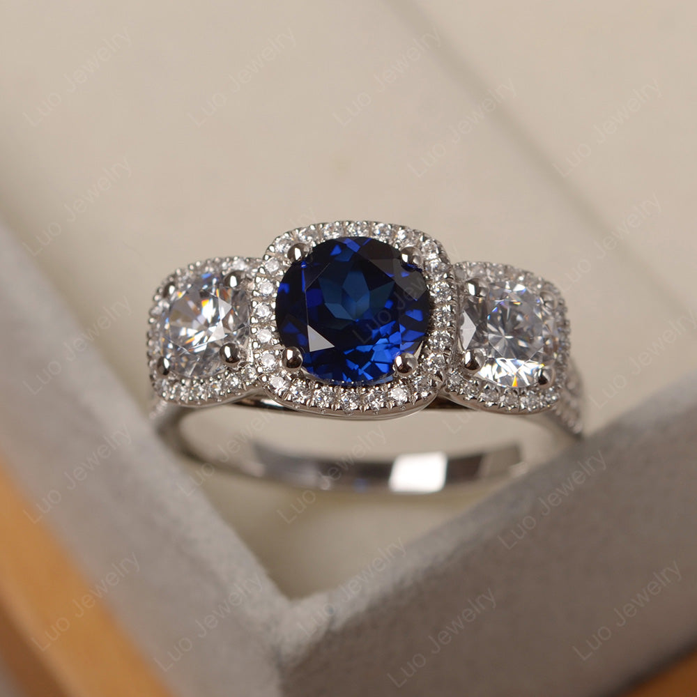 Lab Sapphire Ring 3 Stone Halo Engagement Ring - LUO Jewelry