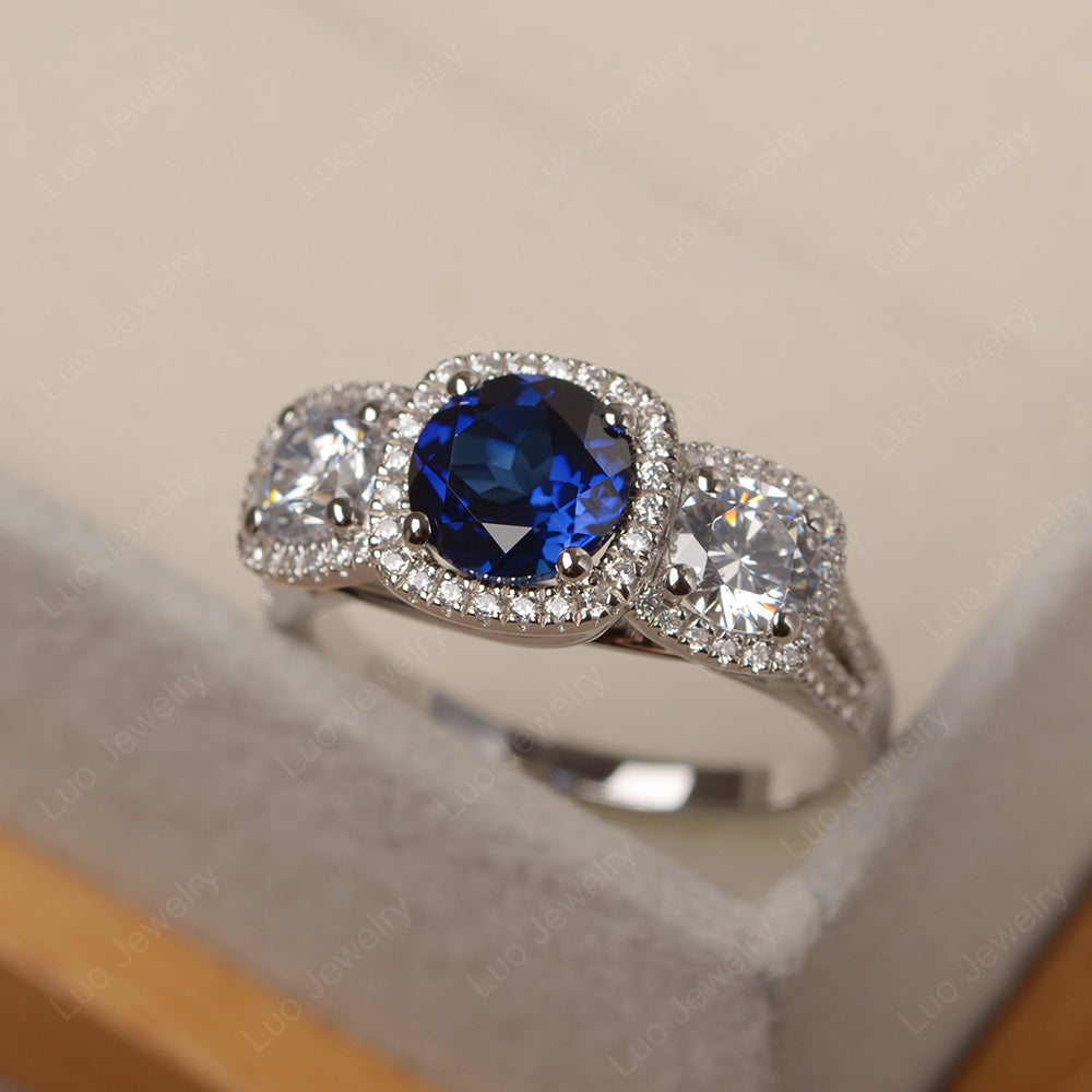 Lab Sapphire Ring 3 Stone Halo Engagement Ring - LUO Jewelry
