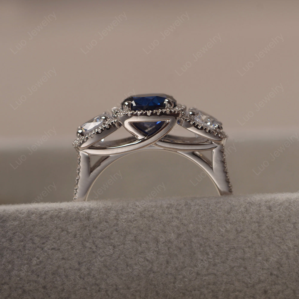 Lab Sapphire Ring 3 Stone Halo Engagement Ring - LUO Jewelry