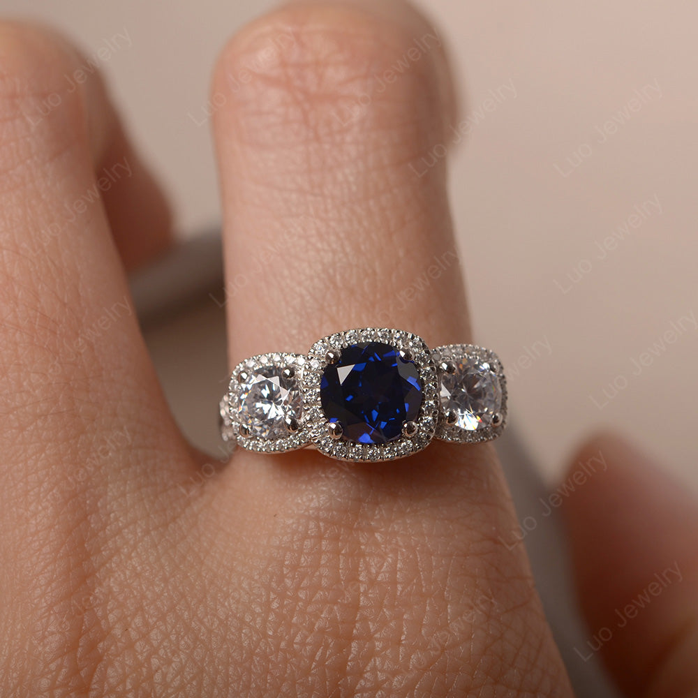 Lab Sapphire Ring 3 Stone Halo Engagement Ring - LUO Jewelry