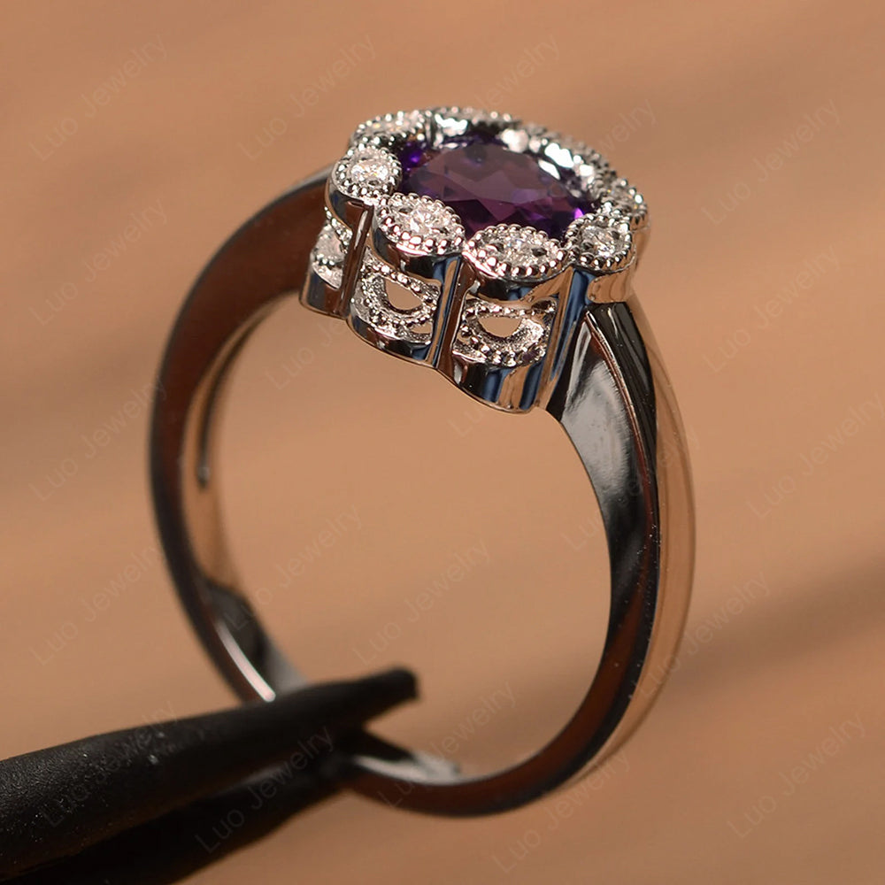 Vintage Amethyst Ring Halo Flower Ring - LUO Jewelry
