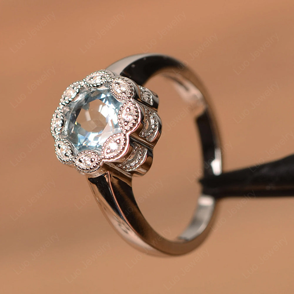Vintage Aquamarine Ring Halo Flower Ring - LUO Jewelry